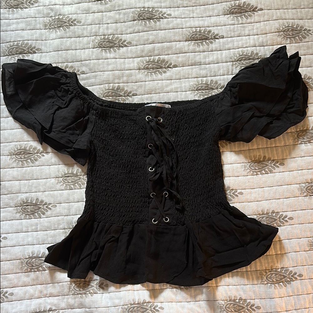 Black Off-Shoulder Lace-Up Top